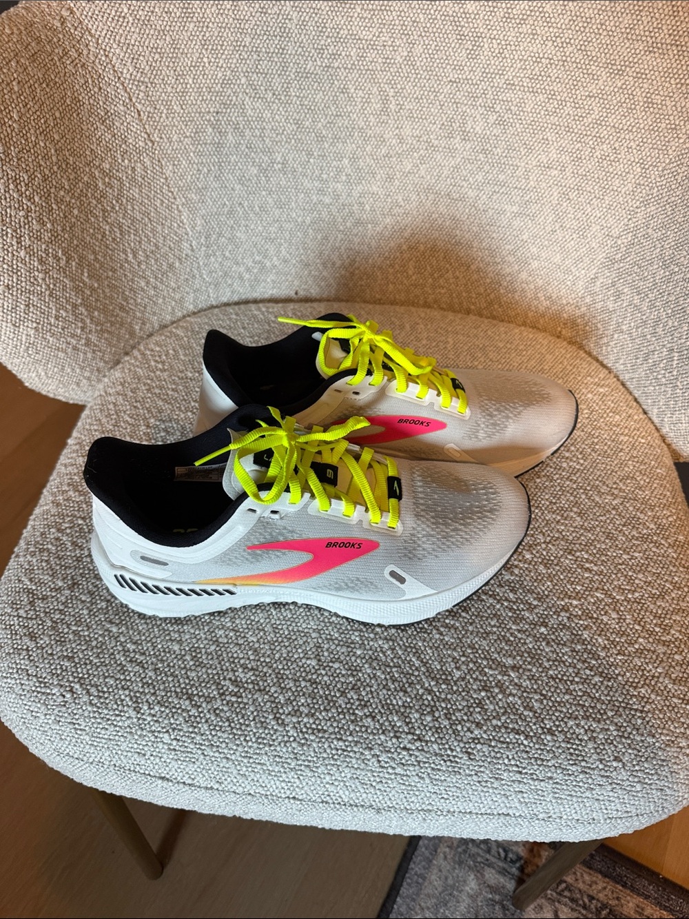 Brooks Womens Running Shoes with Neon Pink Accent and Yellow Laces, worn once